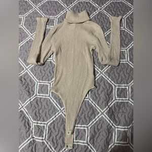 Vici Taupe Turtleneck Ribbed Sweater Bodysuit